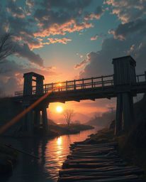 This surreal digital painting depicts an old wooden bridge over a river at sunset on an epic and massive scale. The artwork i