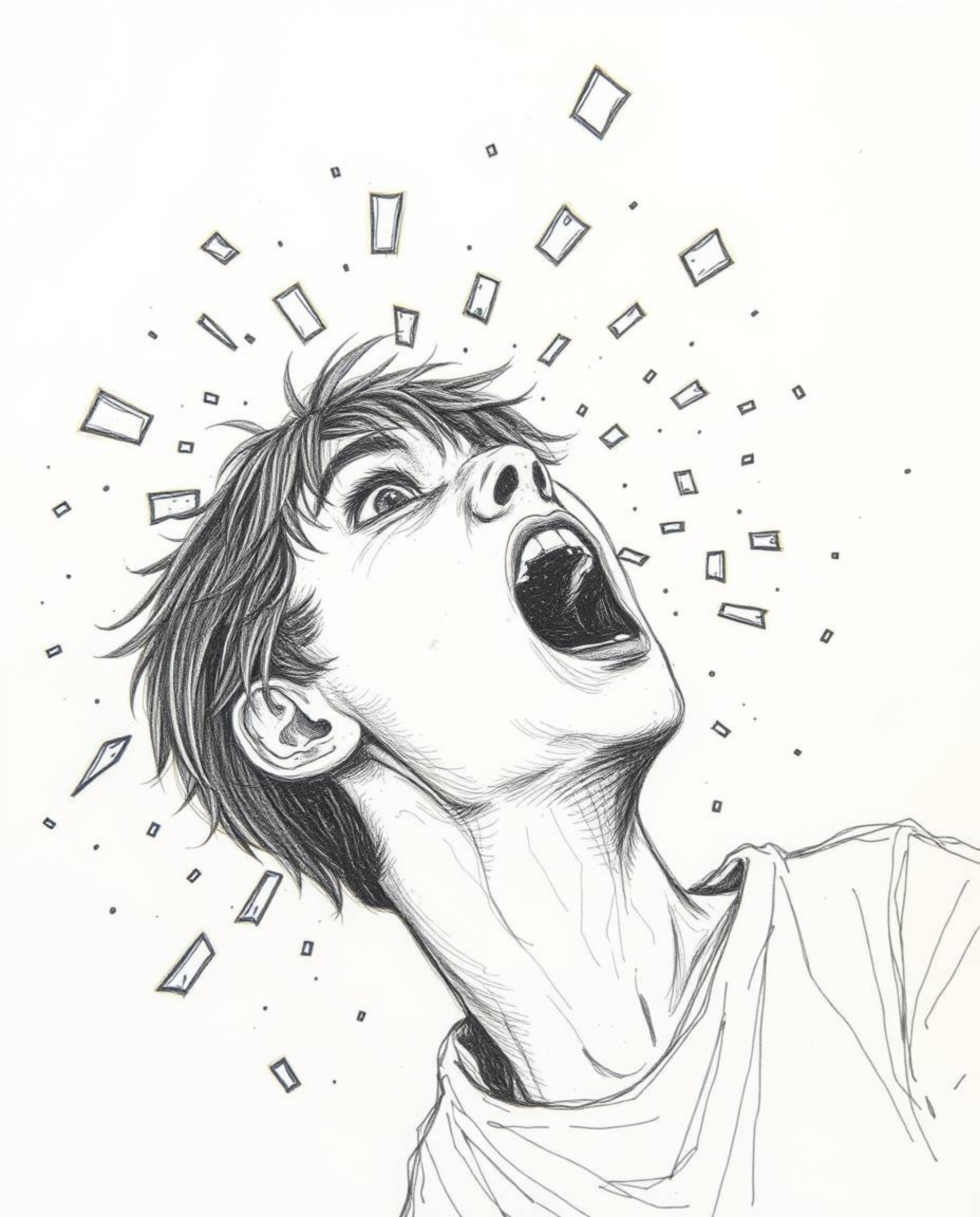 This captivating image portrays a person screaming as their world disintegrates into pixels. The scene is rendered as a soft,