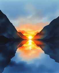 A delicate watercolor painting showcasing a sunset's reflection in a glassy fjord, defined by its use of high-contrast, low-k