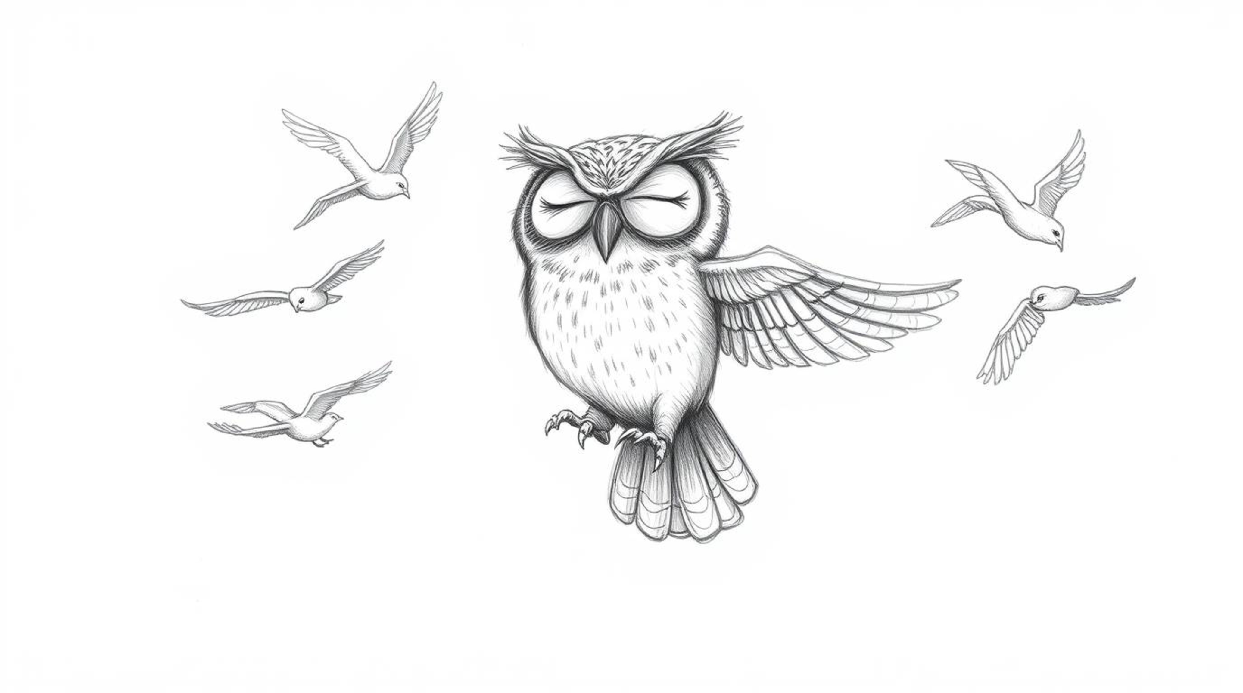 A heartwarming Pixar-style pencil sketch depicts a wise, blind owl with large, closed eyes leading a flock of birds in a brea