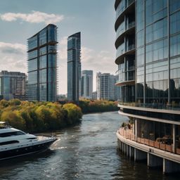 This sleek, modern skyscraper boasts breathtaking floor-to-ceiling windows that offer stunning views of the river below. Imag