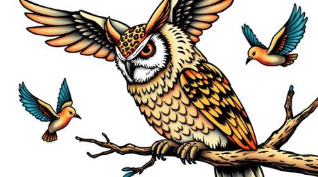 This art print features a traditional tattoo-style depiction of a blind owl, rendered in a vibrant, retro Pixar style. The ow