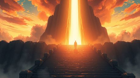 Immerse yourself in a breathtaking isekai anime scene bathed in a warm, golden glow. A lone figure bravely ascends a stone st