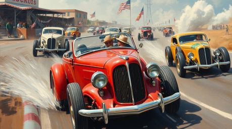 Immerse yourself in the chaotic beauty of a classic oil painting depicting a wacky racing scene.  Outlandish cars speed acros
