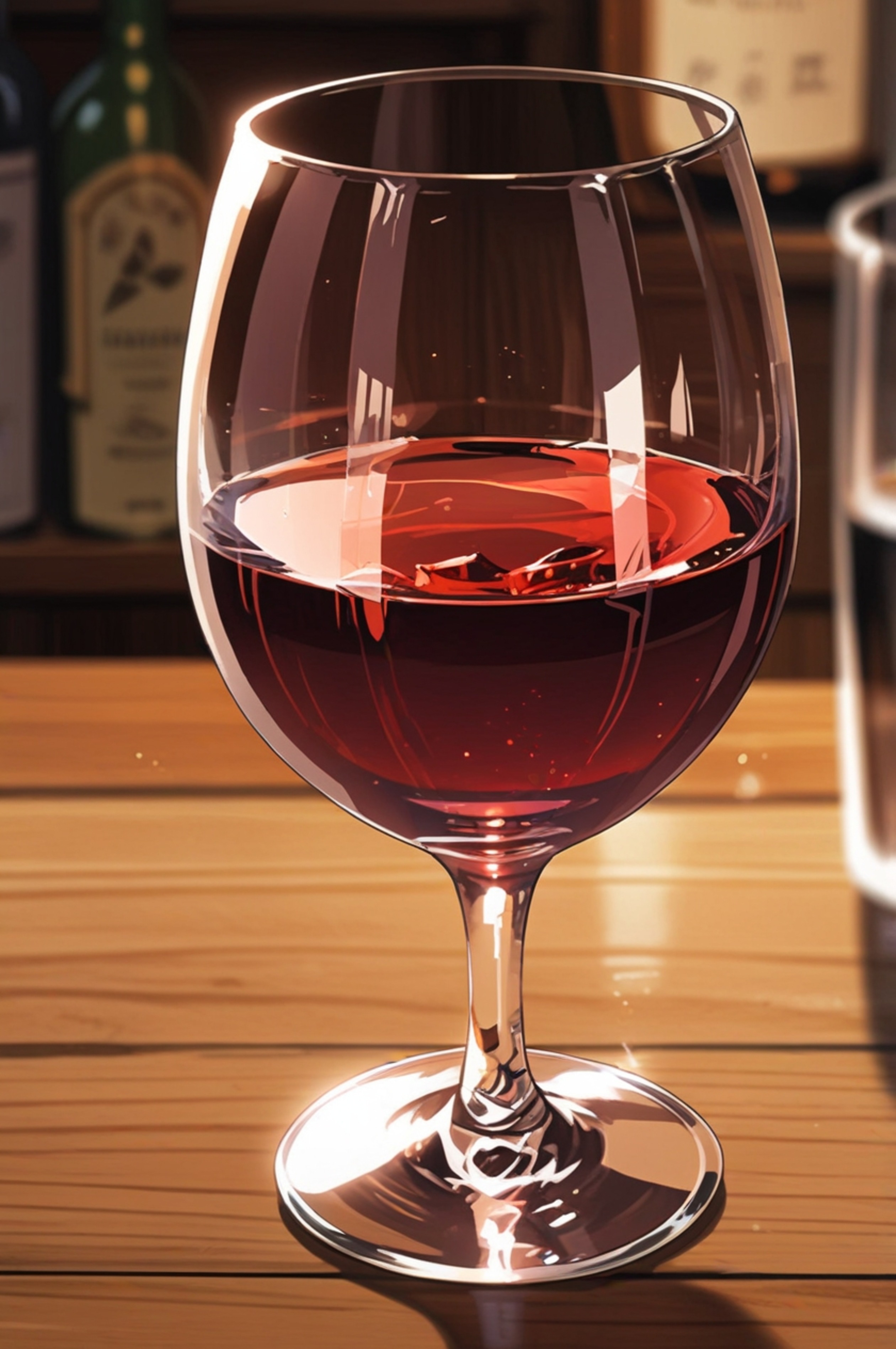 A captivating image showcases a crystal wine glass, gracefully filled with deep red wine. It rests delicately on a polished w