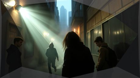A striking geometric logo design inspired by volumetric lighting, showcasing a grungy city alley scene with rebellious teenag