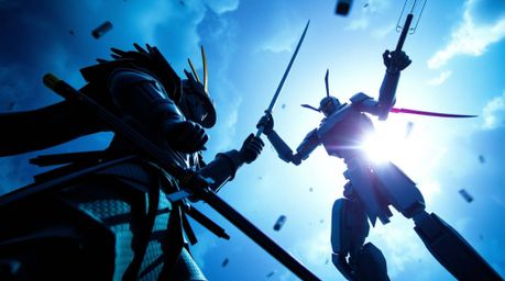Witness a low-angle perspective of a fierce battle between a samurai and a robot in a dystopian world, dominated by cool blue