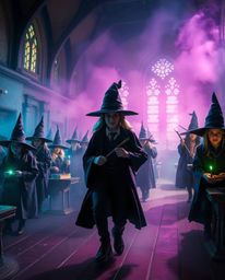 Discover a captivating magical school brimming with young wizards, rendered in a dreamy, soft-focus style. Electric vivid co