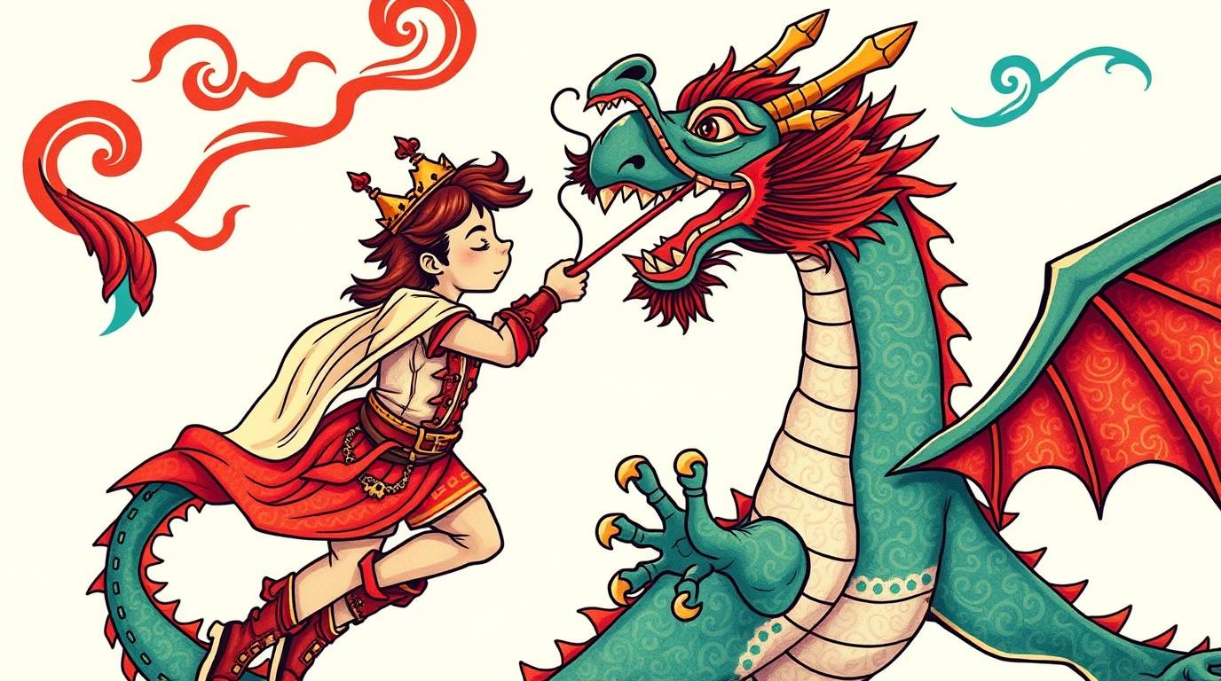A vibrant and complex tattoo design featuring a charming prince battling a dragon, rendered in a symbolic traditional style w