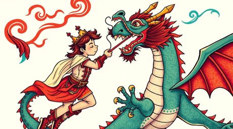 A vibrant and complex tattoo design featuring a charming prince battling a dragon, rendered in a symbolic traditional style w