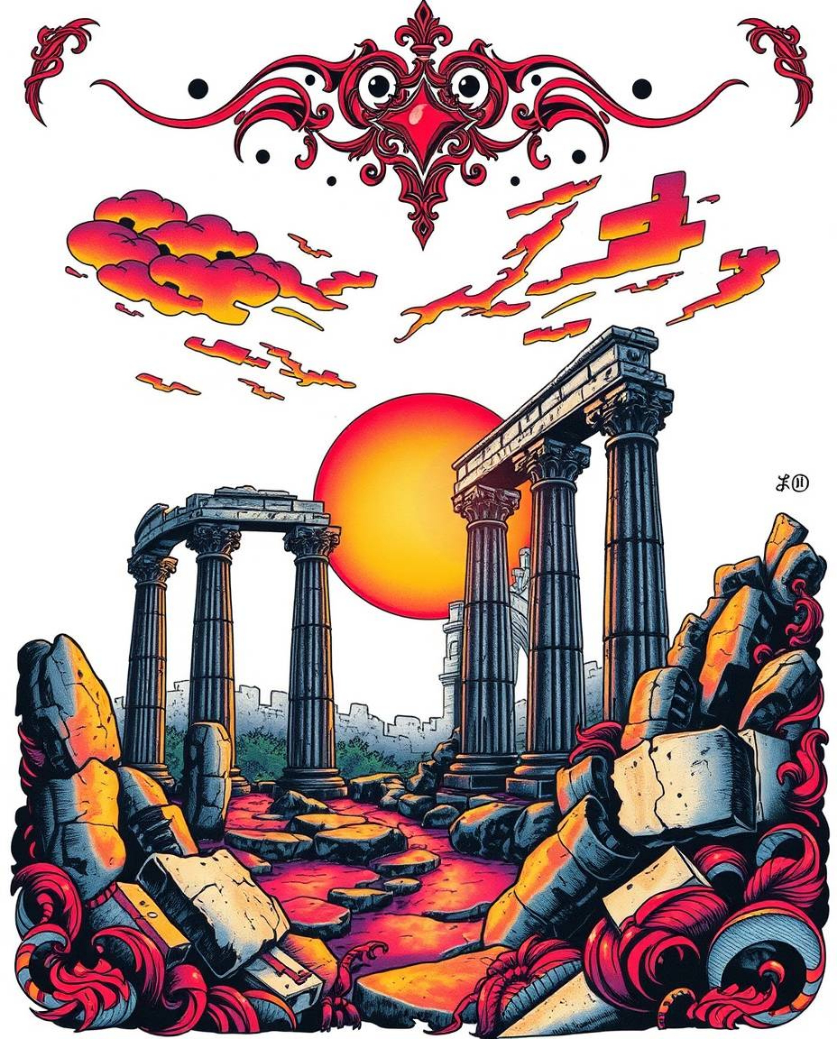 Experience a dynamic traditional tattoo art print that captures a sunset casting dramatic shadows through ancient stone ruins