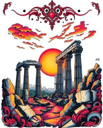 Experience a dynamic traditional tattoo art print that captures a sunset casting dramatic shadows through ancient stone ruins