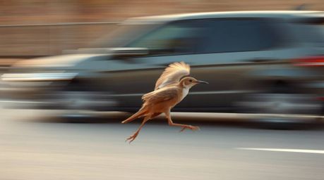 A photorealistic depiction of a fast-running bird, capturing its blurred motion as it zooms past traffic in soft, gentle ligh