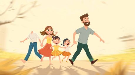 This artwork captures a dynamic and heartwarming family reunion in the iconic Pixar style.  Rendered in soft pastel colors, t
