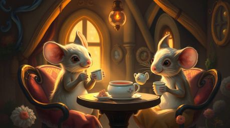 A captivating digital painting depicts anthropomorphic mice enjoying a refined tea party within a charming, cozy cottage.  Th