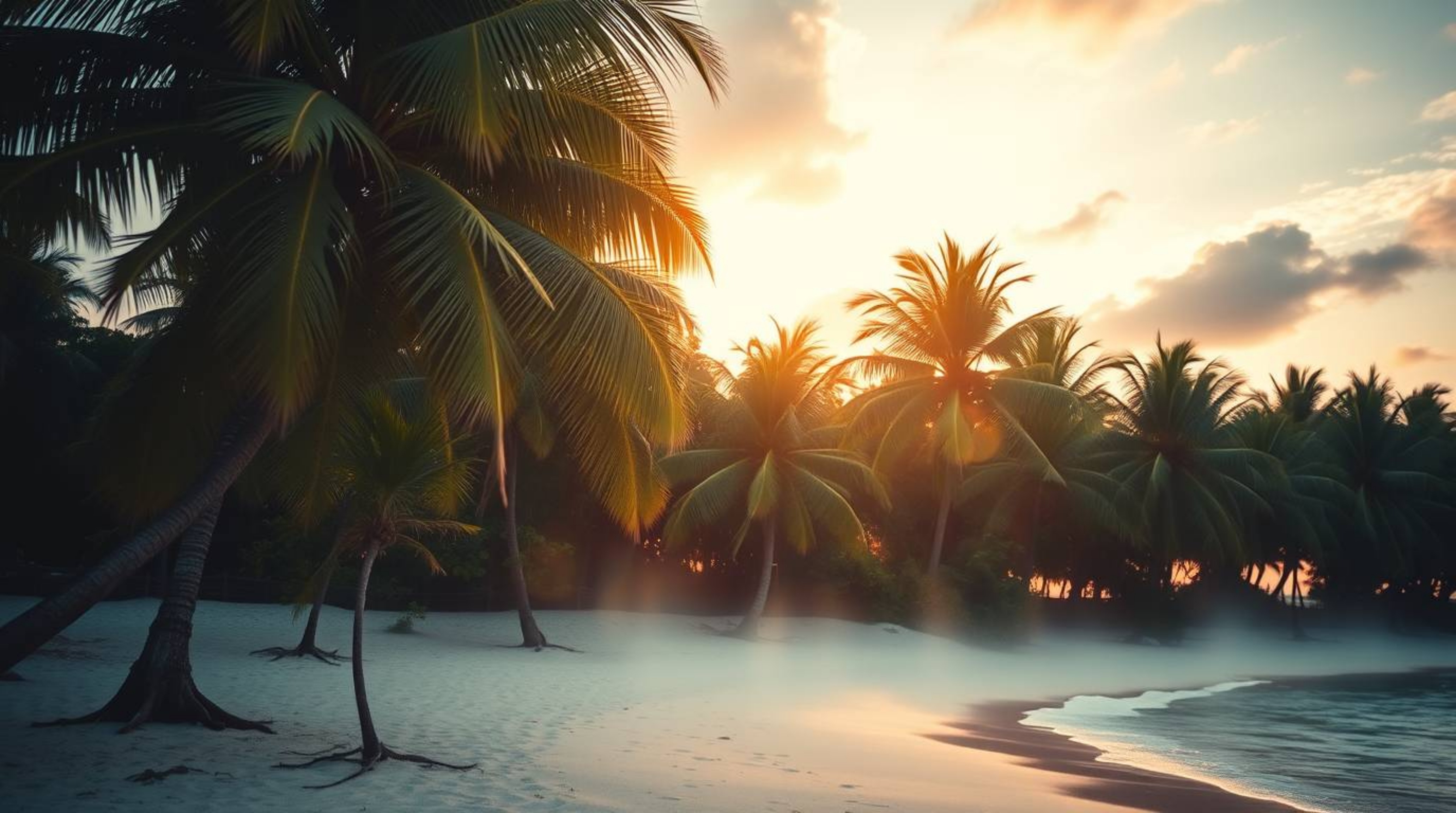 Experience the ethereal and spiritual vibe of a tropical sunset beach. Imagine swaying palm trees silhouetted against the vib