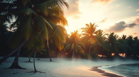 Experience the ethereal and spiritual vibe of a tropical sunset beach. Imagine swaying palm trees silhouetted against the vib
