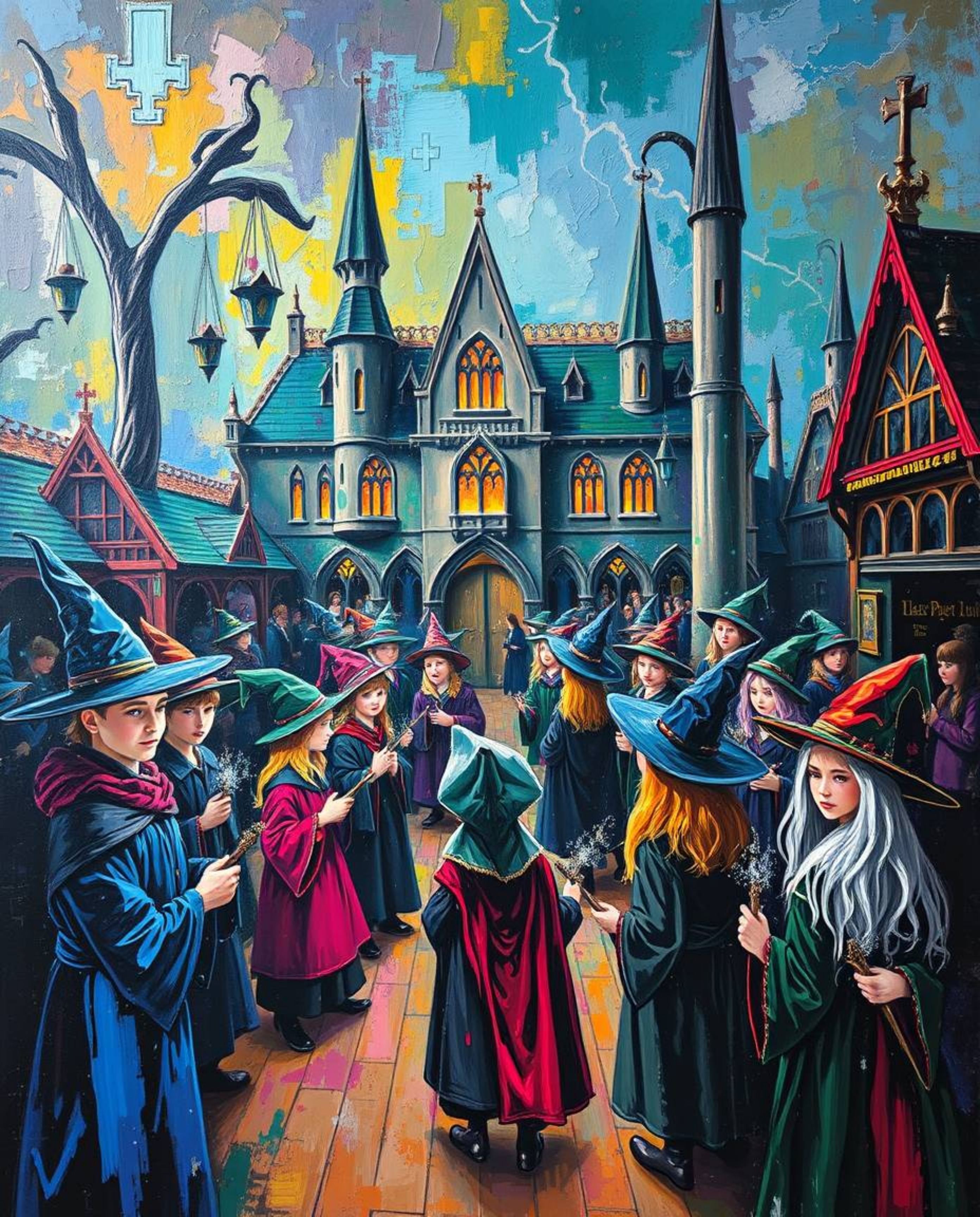 Immerse yourself in a vibrant and magical world with this bold acrylic painting depicting a school filled with young wizards.