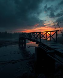 An extreme macro close-up captures the intricate details of an old wooden bridge over a river at sunset. The image is rendere