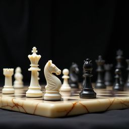 A stunningly detailed marble chessboard captured in a dramatic mid-game moment.  The high-contrast scene features lifelike ch