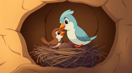 Two cartoon birds are depicted building a nest in a classic animation style, rendered with natural earth tones to create a my