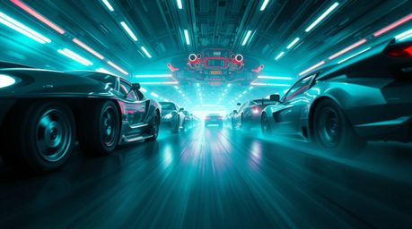 Experience a thrilling wacky racing scene from a low angle, featuring outlandish and luxurious cars rendered in rich, deep te