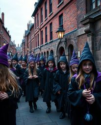 A candid street photography image captures the enchanting atmosphere of a magical school teeming with young wizards. The scen