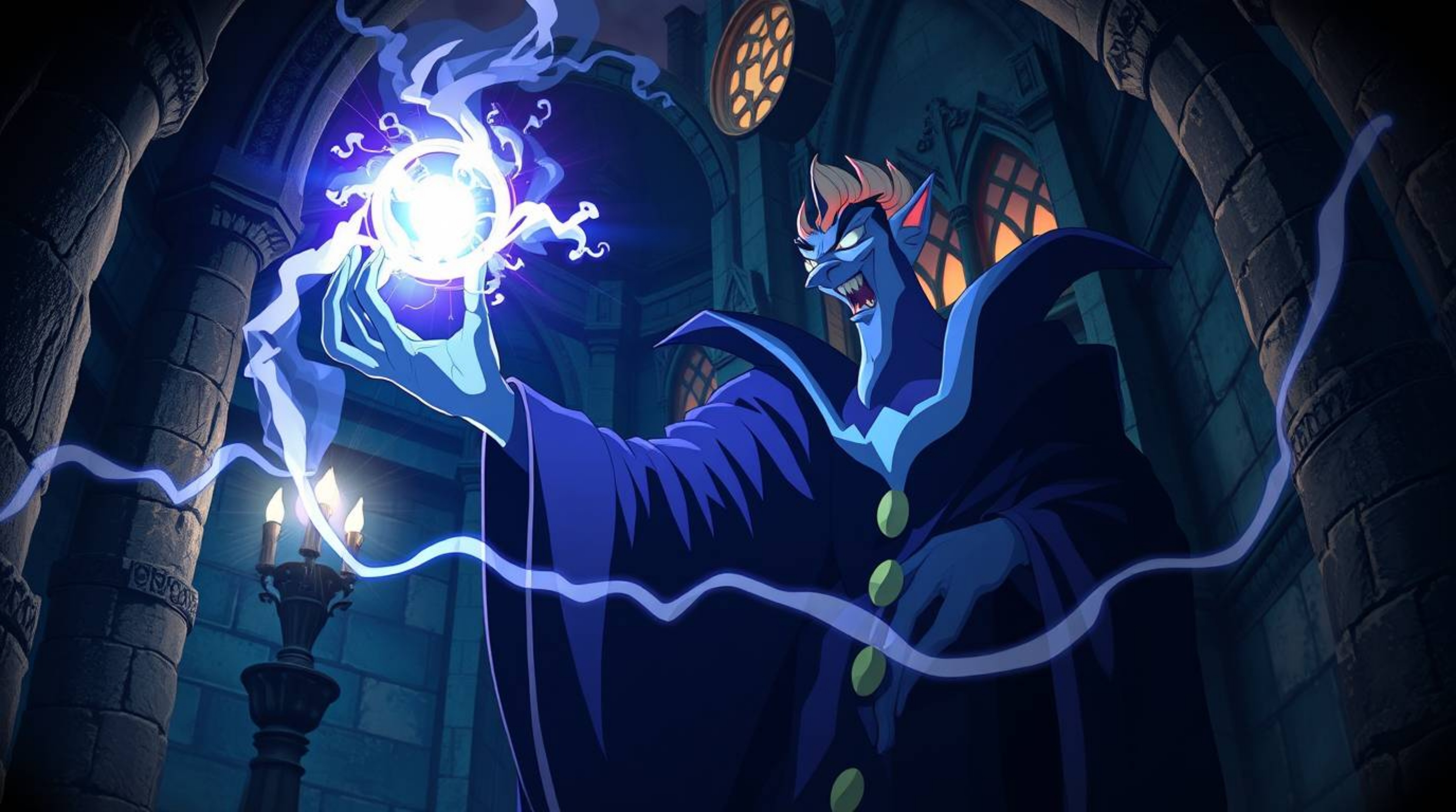An Isekai anime-style light art piece showcasing a classic Disney villain casting a spell within the ancient walls of an old