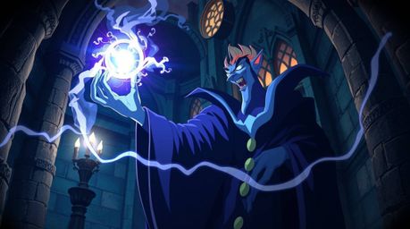 An Isekai anime-style light art piece showcasing a classic Disney villain casting a spell within the ancient walls of an old