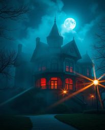 This artwork captures a mesmerizing scene of a fog-covered Victorian mansion bathed in moonlight. The image is rendered in a 