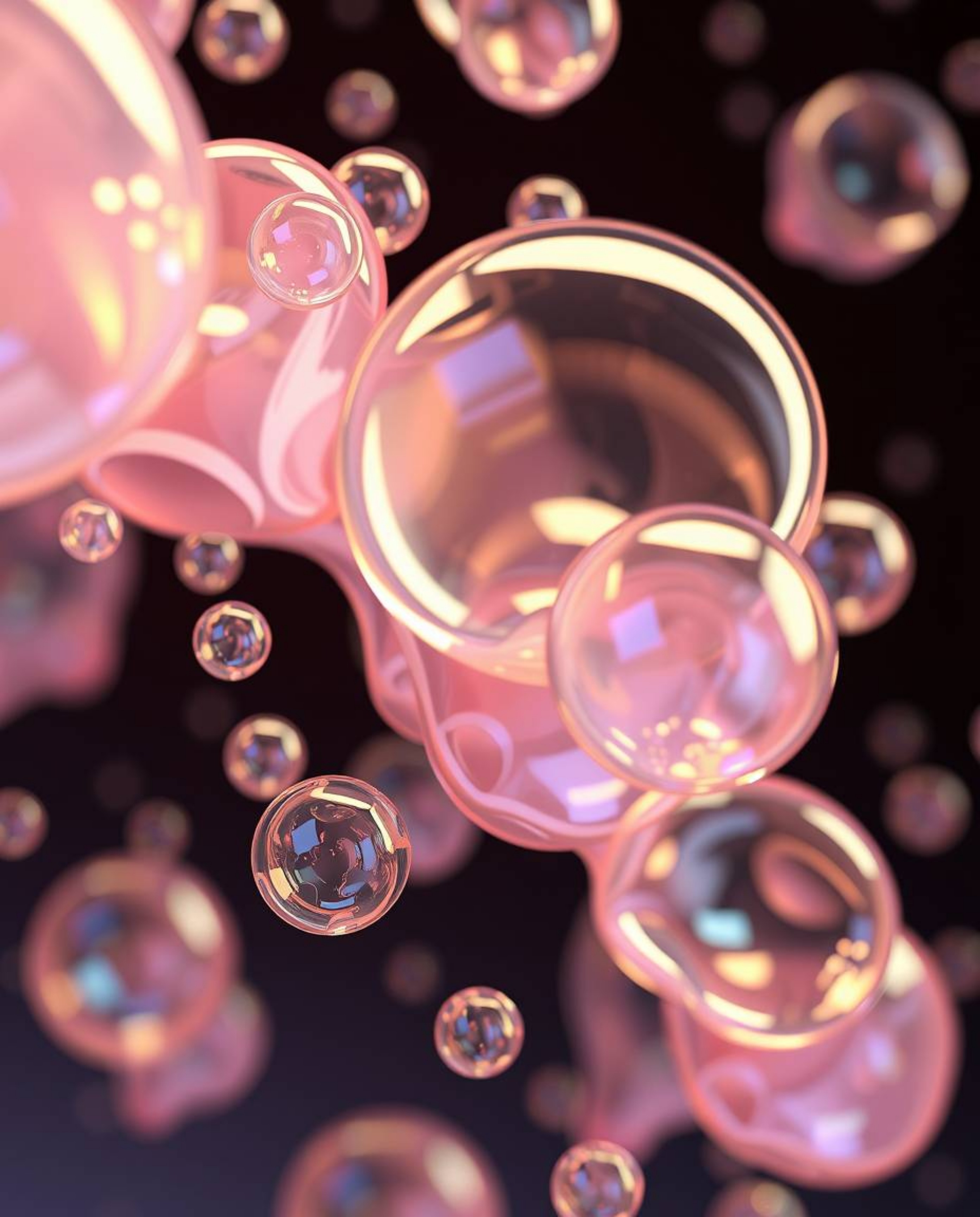 Explore a captivating 3D render showcasing fluid organic blobs floating in space, rendered with translucent materials and iri