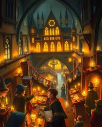 Explore a captivating magical school teeming with young wizards, bathed in the warm glow of candlelight. This painterly rend