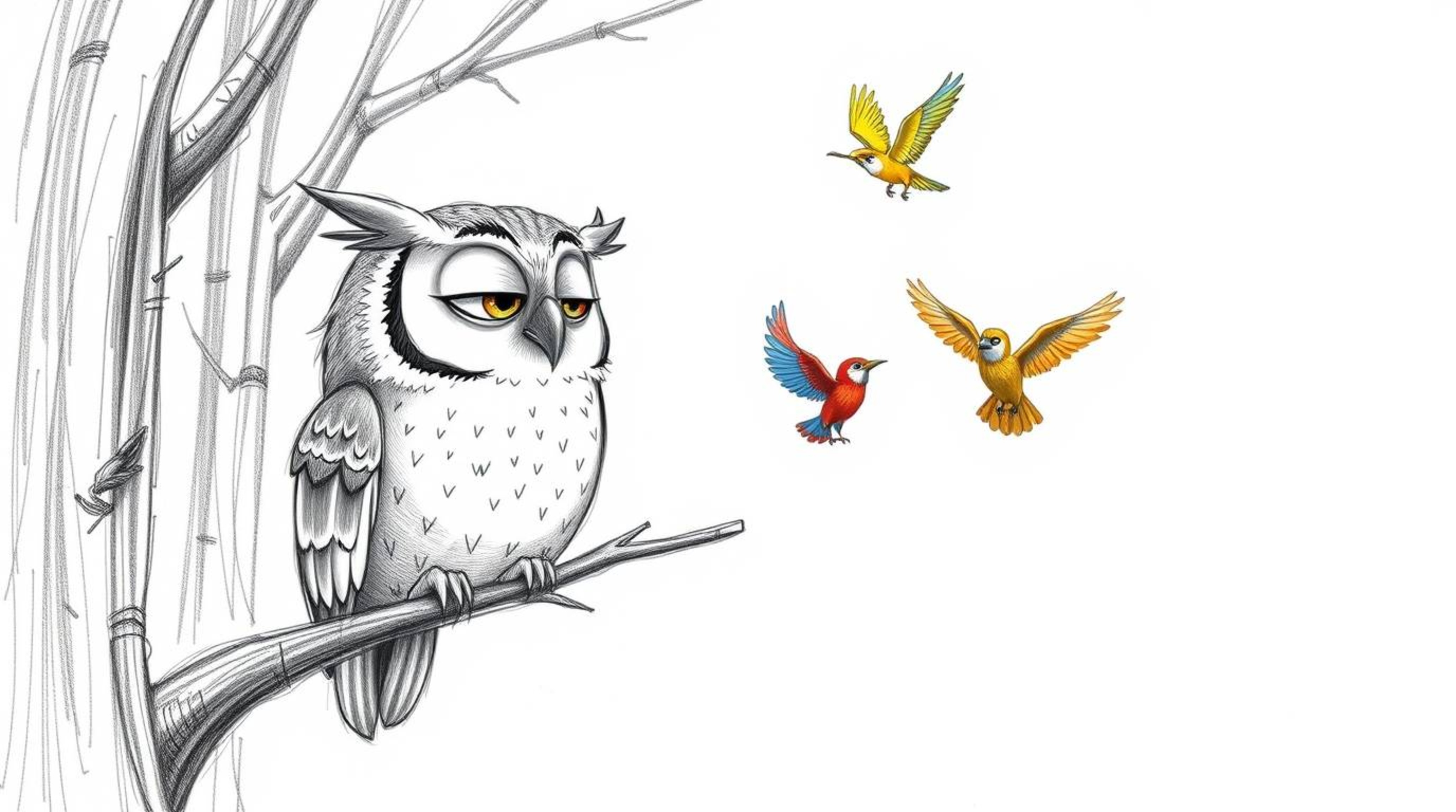 A charming Pixar-style hand-drawn sketch depicts a wise, blind owl with kind eyes and wrinkled features patiently teaching co