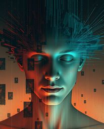 Explore a surreal digital painting showcasing a human face undergoing a mesmerizing transformation into a data stream through
