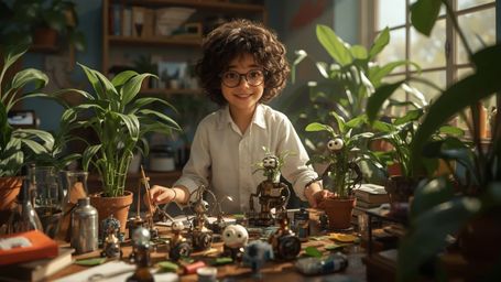 A high-resolution stock photo, reminiscent of a Pixar animation, shows a bright-eyed, bespectacled young genius in a sunlit, 