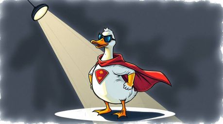 A vibrant, hand-drawn color sketchnote style illustration featuring a duck in a zany superhero costume is rendered with drama