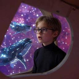 A captivating high-fashion photograph depicts a young boy, with delicate features and smooth skin, wearing a sleek black turt