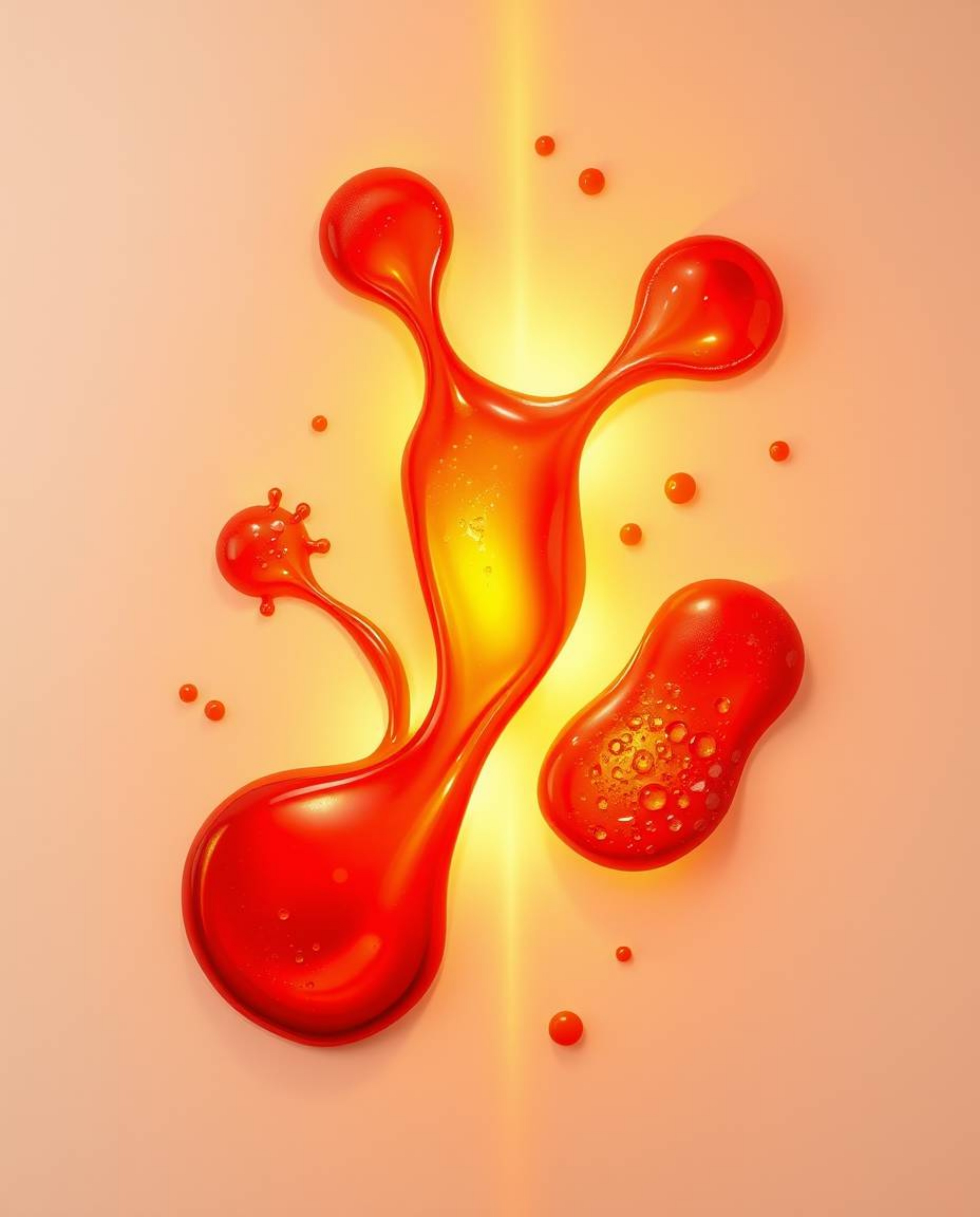 Immerse yourself in a warm and bold acrylic painting showcasing abstract 3D liquid forms brought to life with volumetric ligh