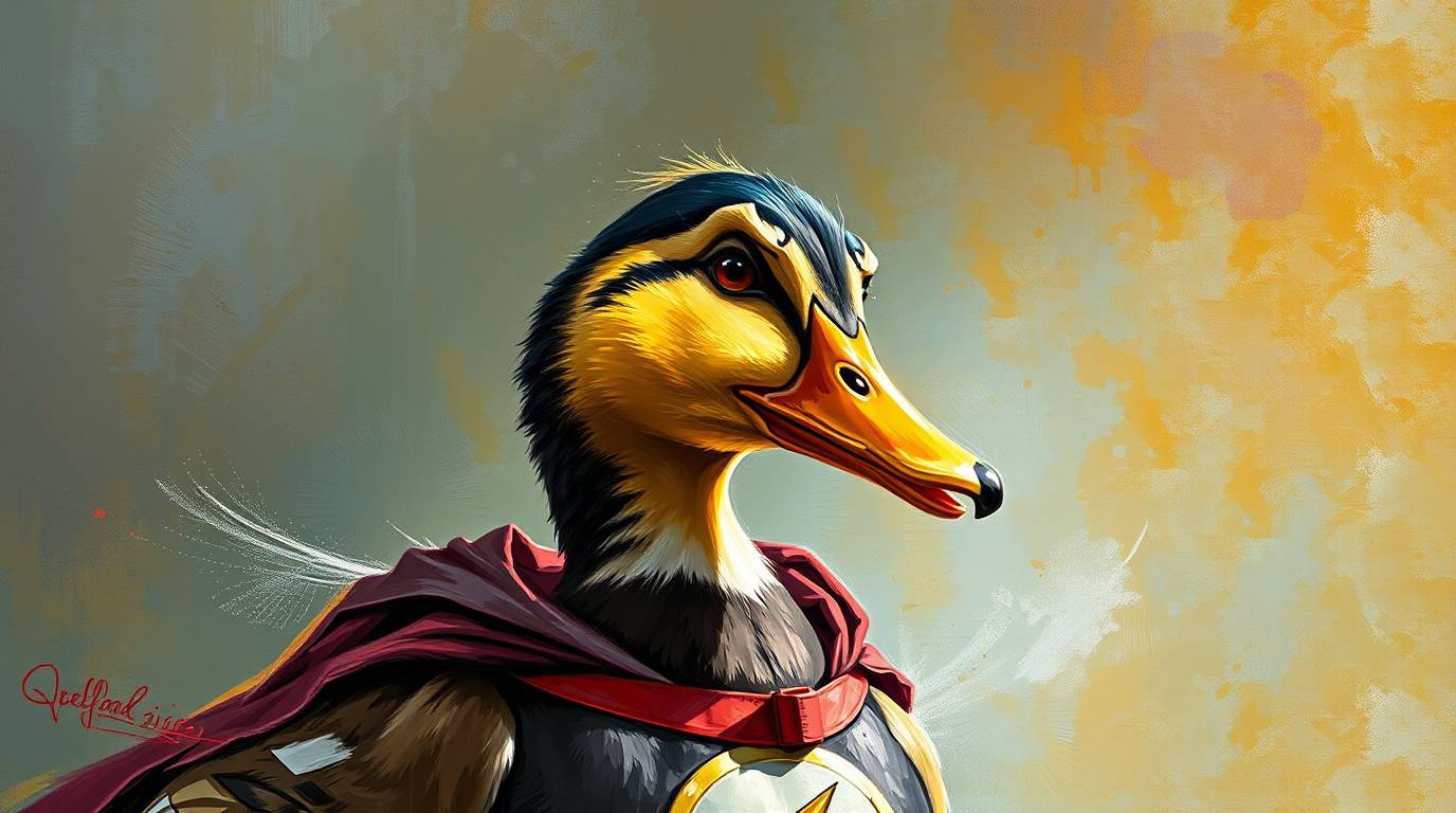 A classic oil painting depicting a duck in a wonderfully zany superhero costume, showcasing rich textures and visible brushst