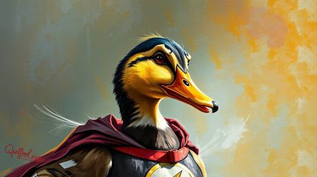 A classic oil painting depicting a duck in a wonderfully zany superhero costume, showcasing rich textures and visible brushst