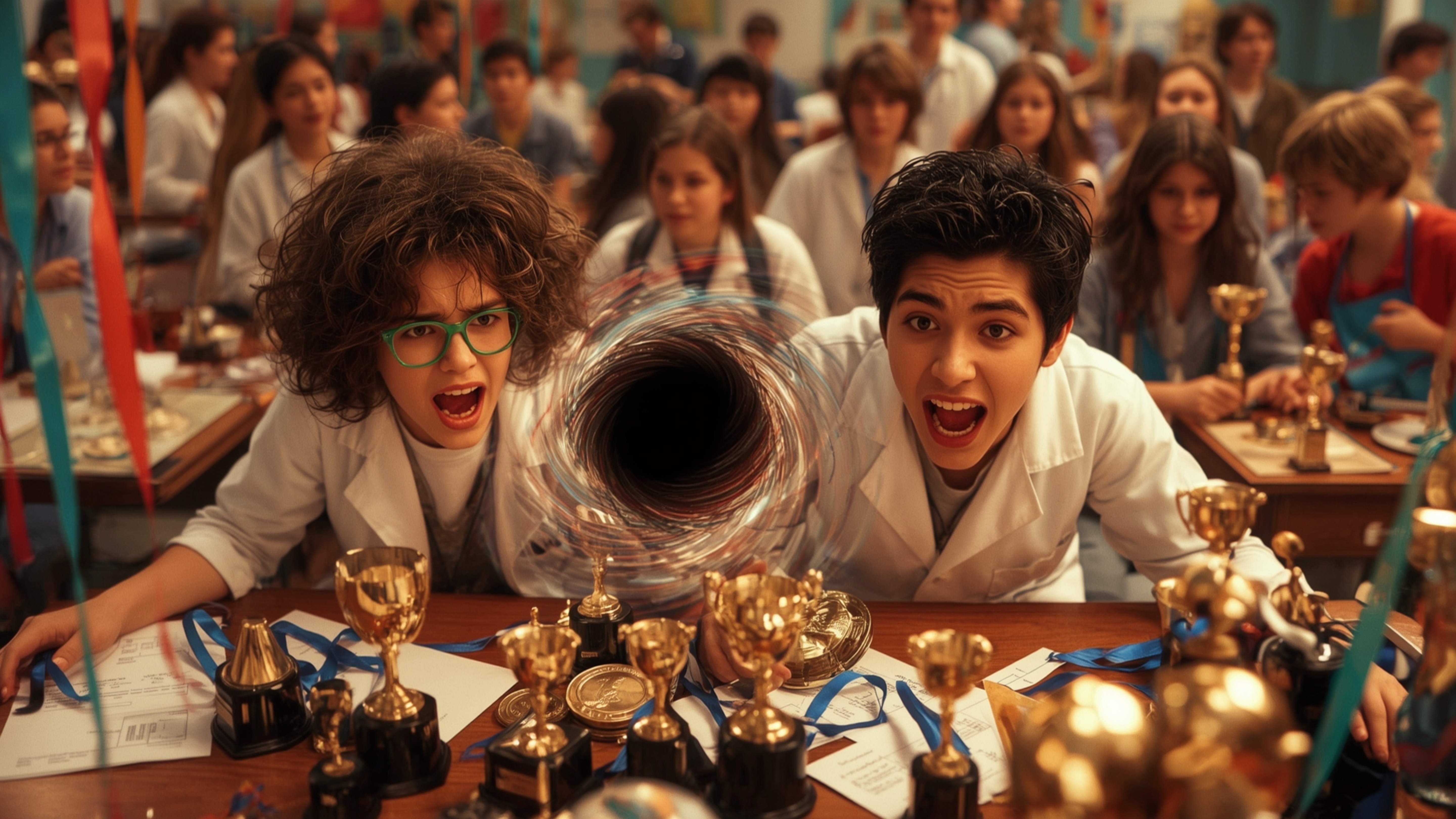 A vibrant, cinematic photograph captures the chaos of a science fair experiment gone wrong in a stylized, Pixar-inspired aest
