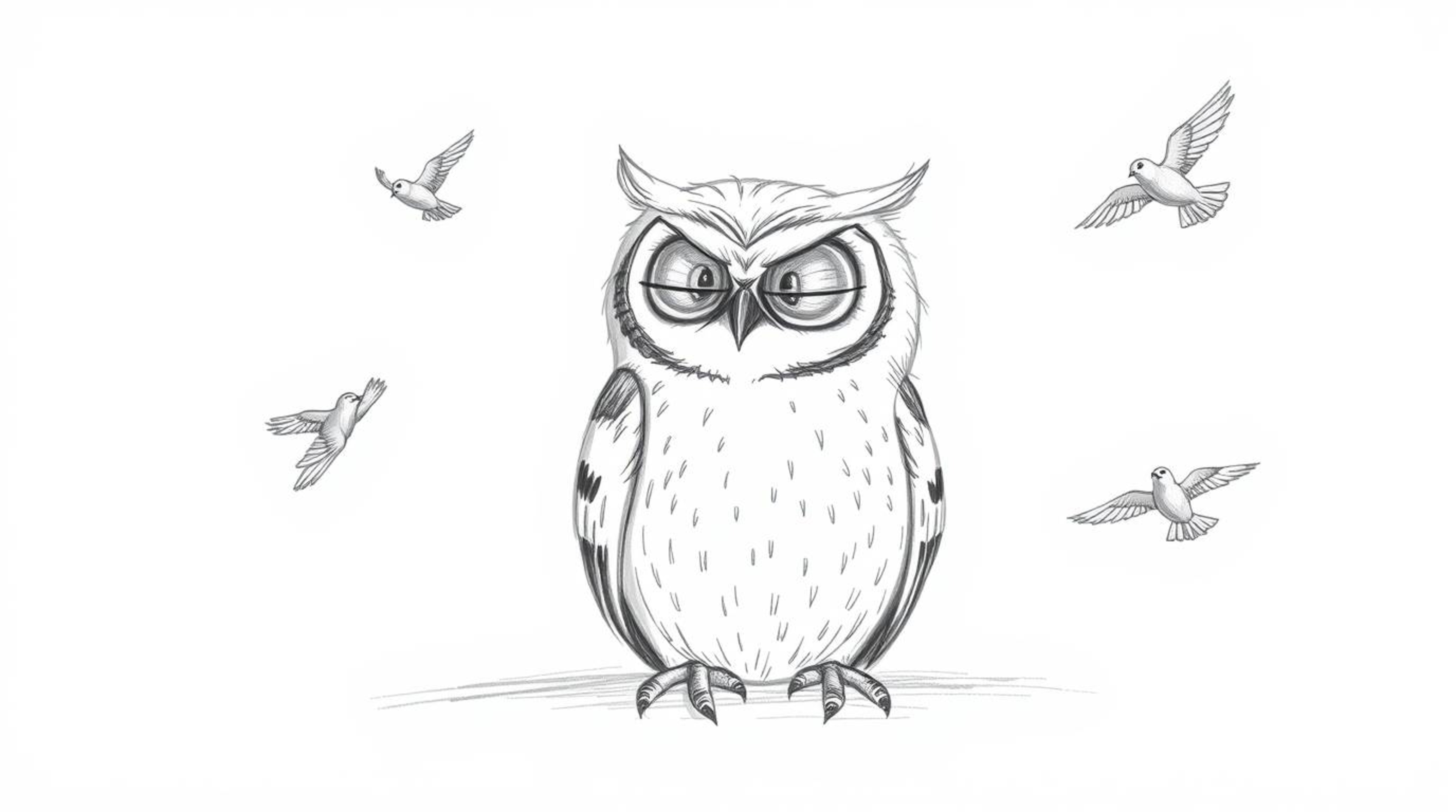 This enchanting hand-drawn sketch in Pixar style portrays a blind owl, rendered with soft, textured pencil strokes against a 