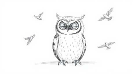 This enchanting hand-drawn sketch in Pixar style portrays a blind owl, rendered with soft, textured pencil strokes against a 