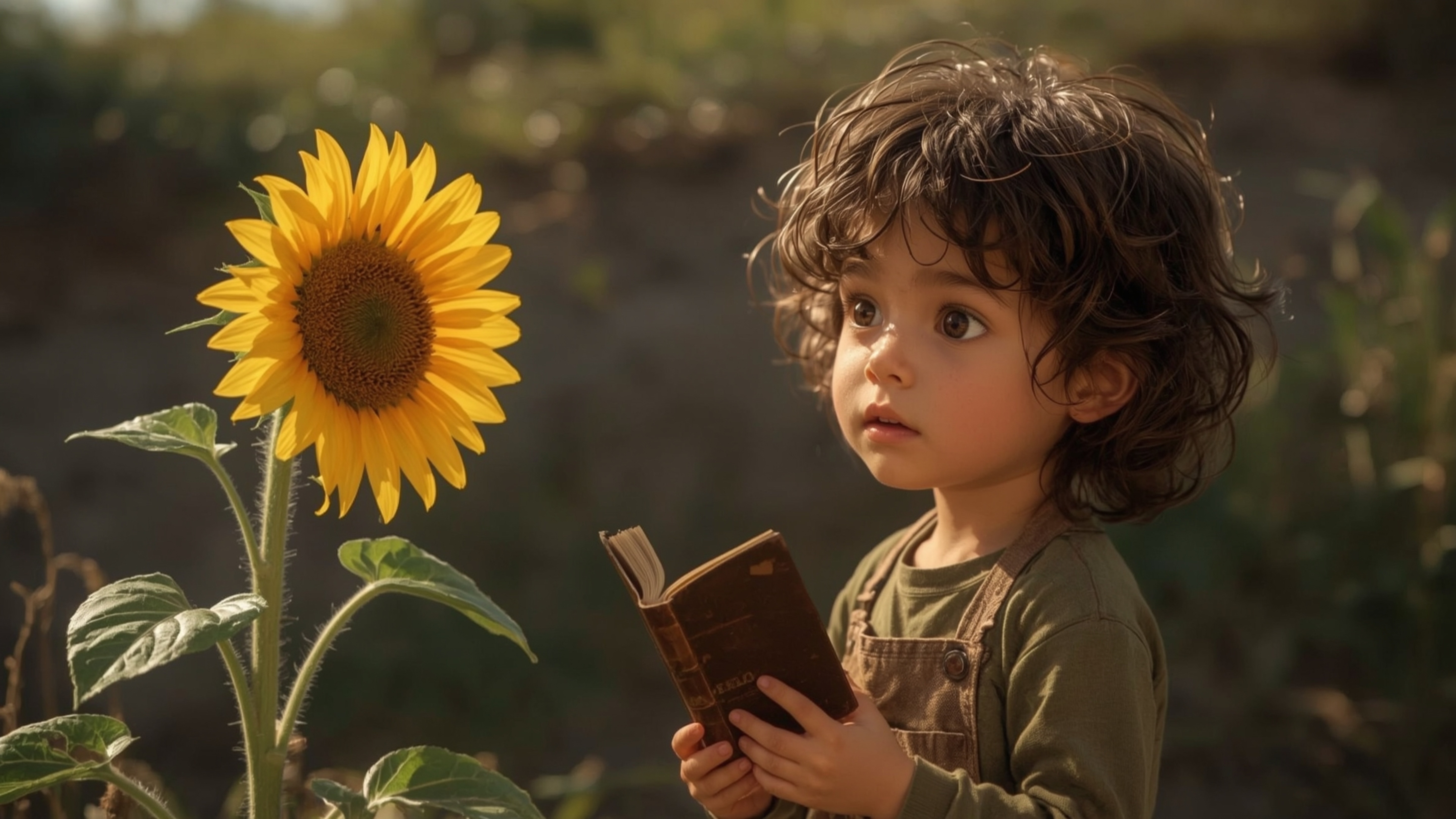a warmly lit, cinematic photograph of a freckled, curly-haired young genius with bright, inquisitive brown eyes, wearing a wo