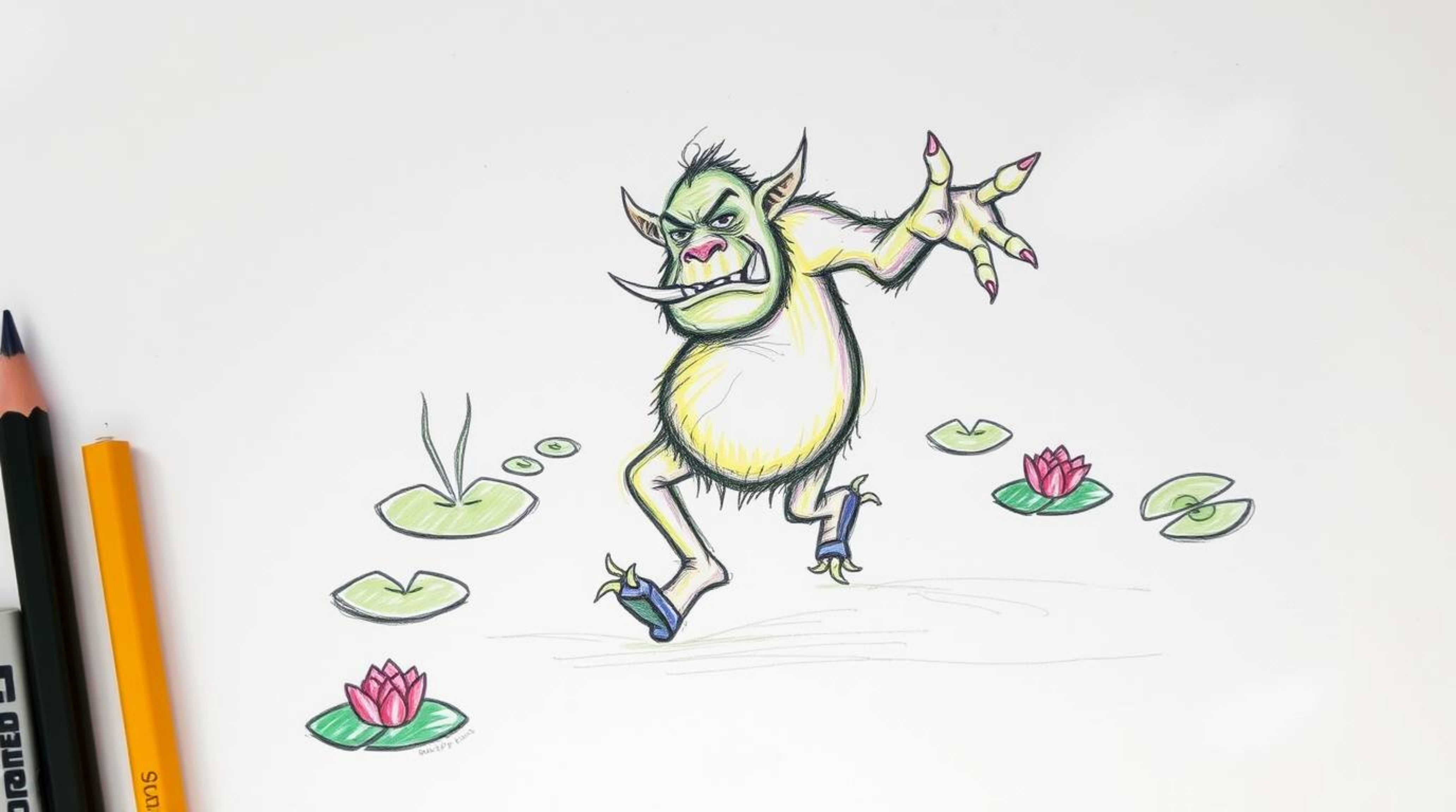 A whimsical hand-drawn sketch depicting a vibrant ogre with warts and tusks joyfully dancing in a swamp filled with lily pads