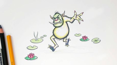 A whimsical hand-drawn sketch depicting a vibrant ogre with warts and tusks joyfully dancing in a swamp filled with lily pads