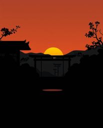 A modern flat design illustration of a serene Zen garden at sunset, utilizing pure black and deep shadows. The image features