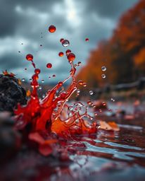 Capture the dramatic tension of warm autumnal colors meeting stormy skies in a high-tension ink splash scene. This macro-phot