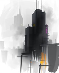 A captivating digital sketch showcases a painterly style glitchy landscape, featuring distorted skyscrapers and static noise.