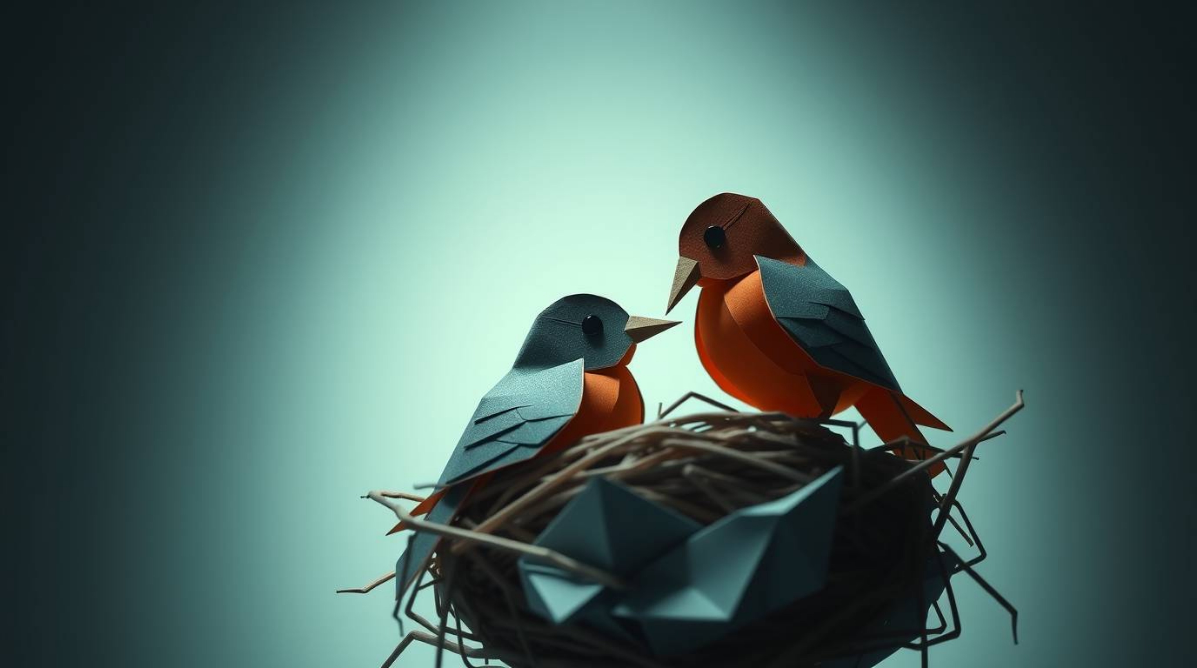 A visually stunning depiction of two cartoon birds meticulously constructing a nest, rendered in a dramatic cinematic style t